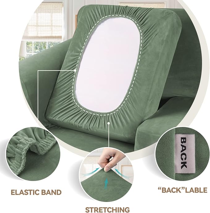 WEERRW Velvet Stretch 3 Pieces Couch Cover for Sofa Washable, Greyish Green | Love Seat Couch Covers for 2 Cushion Couch Sofa Furniture Protector slipcoves with Elastic Bottom for Kids, Medium