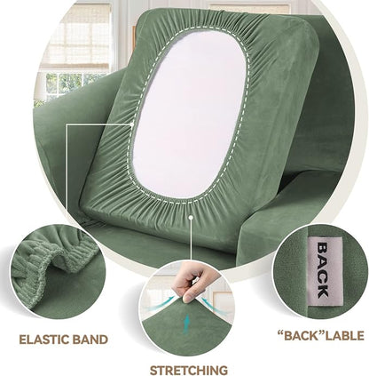 WEERRW 4 Pieces Couch Cover for Sofa Velvet Slipcovers, Greyish Green | Washable Sofa Covers for 3 Cushion Couch Furniture Protector Sofa Slipcover with Non Slip Elastic Bottom, Pet Friendly, Large