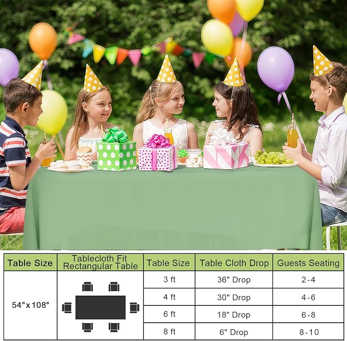 Smiry Disposable Table Cloth - 10 Pack, 54 x 108 Inch Waterproof Rectangle Tablecloths for Parties, Decorative Plastic Table Cover, Leakproof & Sturdy, Sage Green