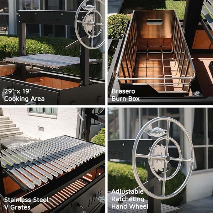 Ash & Ember Santa Maria Grill with Brasero Charcoal Chamber, Wood & Charcoal Argentine Grill with Ceramic Brick Lining, BBQ Grill with Hand Wheel for Adjustable Heat Control, Bottom & Side Shelf
