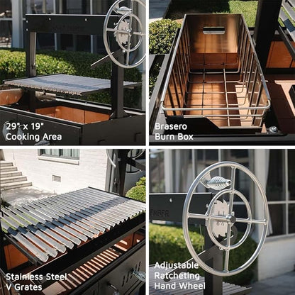 Ash & Ember Santa Maria Grill with Brasero Charcoal Chamber, Wood & Charcoal Argentine Grill with Ceramic Brick Lining, BBQ Grill with Hand Wheel for Adjustable Heat Control, Bottom & Side Shelf