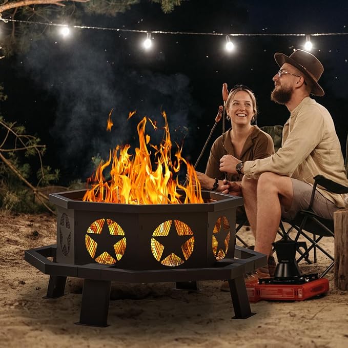 Panovue 35 inch Fire Pit for Outside, Heavy Duty Wood Burning Fire Pits with Fire Poker, Outdoor Octagonal Firepit for Camping, Yard, Patio
