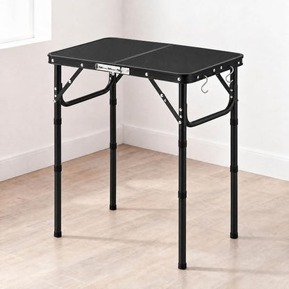 YUFIFAIRY Small Folding Table Portable, 24''L x16''W Foldable Camp Table | Lightweight Aluminum Frame, 3 Adjustable Height 10"/19"/27.5", For Indoor, Outdoor, Cooking, Picnic, All Black Table