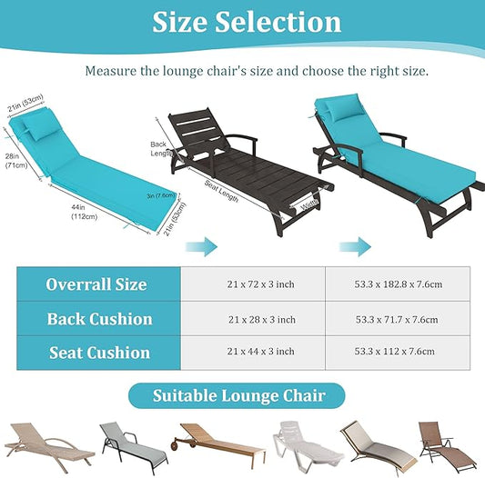 Chaise Lounge Cushions Outdoor Set of 2 Lounge Chair Cushion 72" L x 21" W with Headrest Straps 3'' Thick Waterproof Patio Chaise Cushions Pool Lounger Chair Cushion(Lake Blue)