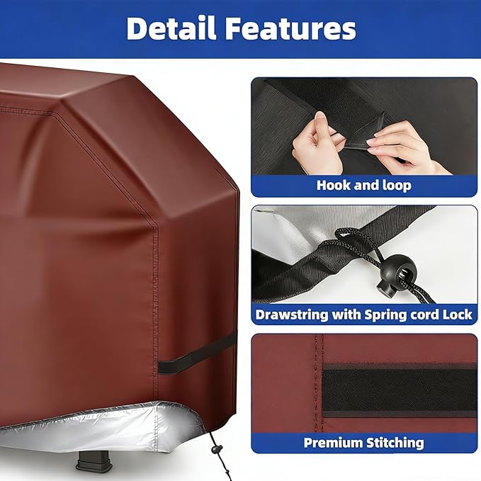 BBQ Gas Grill Cover for Outdoor, Anti-UV, Rip-Proof, 600D Oxford Fade Resistant Material, Barbecue Cover with Hook and Loop Straps & Adjustable Hem Drawstring (Reddish Brown, 44”x22”x42”)