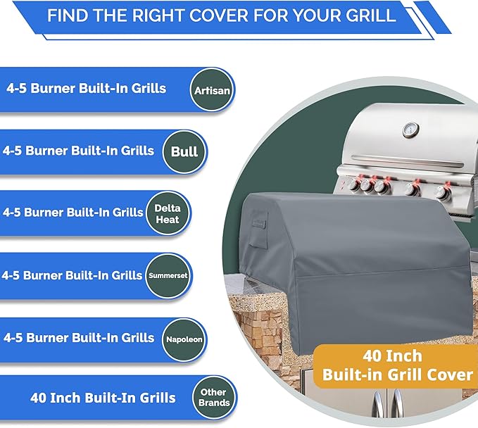 Covers & All Built-in Grill Cover for Outdoor Grill – Heavy Duty 12 oz Waterproof Built-in BBQ Grill Cover, PVC-Coated Polyester with Elastic Hem for Snug Fit (40.5 x 26.75 x 22.25 inches, Grey)