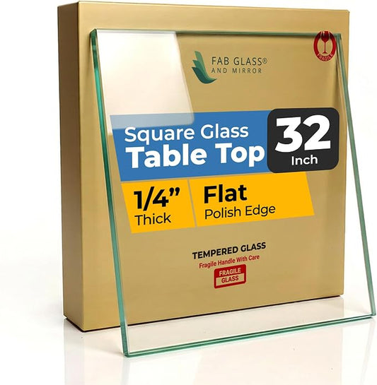 Tempered Glass Table Top 32 Inch Square Flat Polished Edge Clear Surface 1/4 Inch Thick for Home Office or Outdoor Furniture by Fab Glass and Mirror