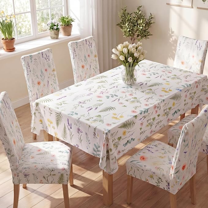 7 Pcs Wildflower Tablecloth and Chair Covers Set 60 x 84 Inch Summer Rectangle Washable Table Cover and Stretchable Seat Slipcovers for Home Dining Room Camping Wedding Party