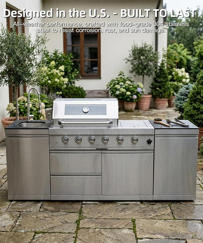 Outdoor Kitchen Island Barbecue Grill with Refrigerator & Rotisserie, Heavy-Duty Stainless Steel Freestanding Grills Station, Weather-Resistant Cooking Cabinet for Backyard & Summer Propane Gas
