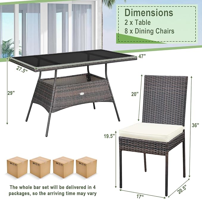 Tangkula 10 Pieces Wicker Patio Dining Set, Outdoor Rattan Table & Chairs Set with Padded Cushions, Patio Furniture Dining Glass Table Set for Balcony Patio Garden Poolside