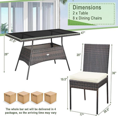 Tangkula 10 Pieces Wicker Patio Dining Set, Outdoor Rattan Table & Chairs Set with Padded Cushions, Patio Furniture Dining Glass Table Set for Balcony Patio Garden Poolside