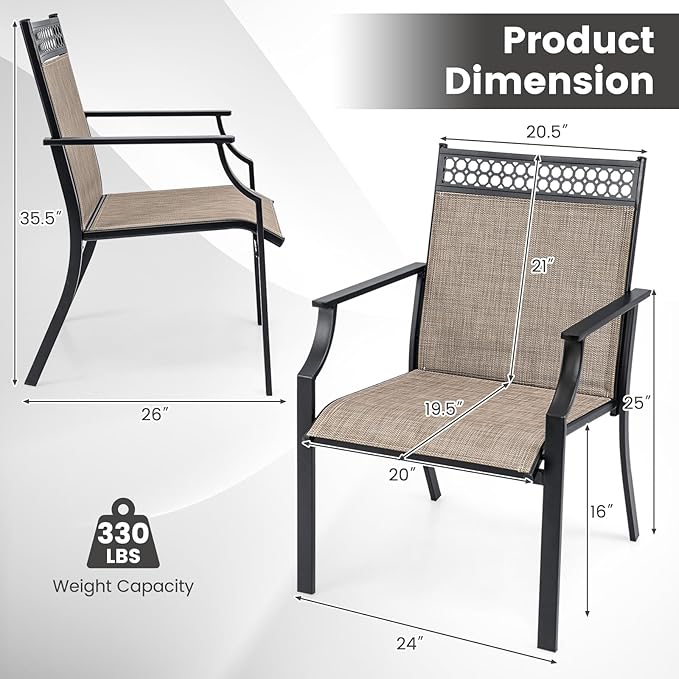 Giantex Patio Chairs Set of 2, Outdoor Chairs with All Weather Fabric, High Backrest, Armrests, Heavy Duty Metal Armchair, Outside Dining Chairs for Porch Lawn Garden Yard Pool (Light Brown & Black)