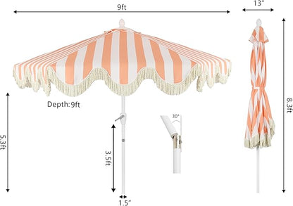 JONATHAN Y UMB1001 Collins 9 ft. Classic Cottage Tassel Market Patio Umbrella with Auto-Tilt, Crank, Wind Vent and UV Protection