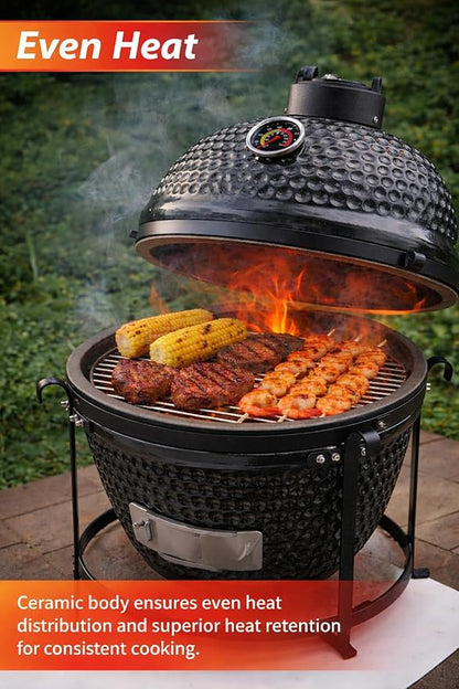 13-in W Kamado Grill with Built-in Thermometer, Oval Grill with Cast Iron Grates, Bamboo handle, Portable Ceramic Grills with Low Stand for Backyard, Patio, Deck grilling, Black