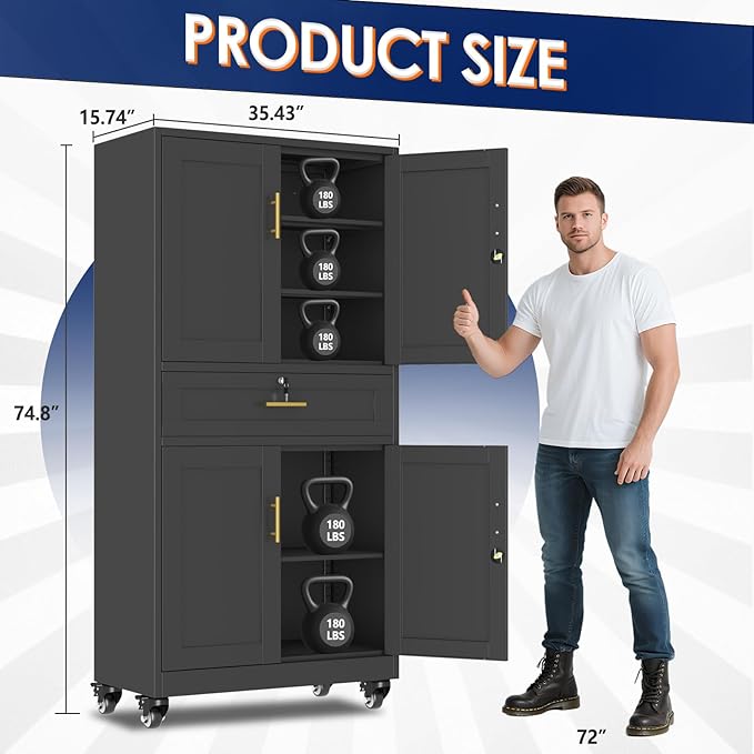 erosoei 75" H Metal Garage Storage Cabinet, Rolling Tool Cabinet with 2 Doors and Wheels, Locker Steel Cabinet with 4 Adjustable Shelves and Drawer, Organization Cabinet for Garage,Office,Home,Gym