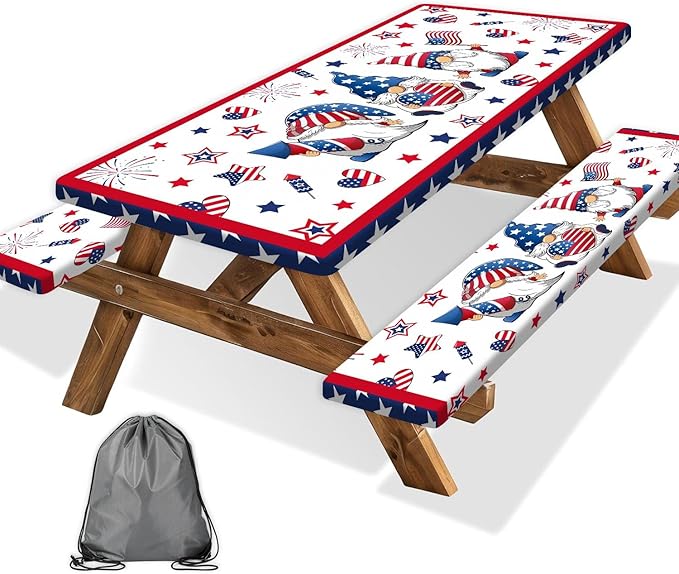 4th of July Picnic Table Cover with Bench Covers, Camping Essentials, Patriotic American Flag Gnomes Stars Table Cover Waterproof Fitted Tablecloth Cover with Elastic Edge for Outdoor 3 PCS 30x60 Inch