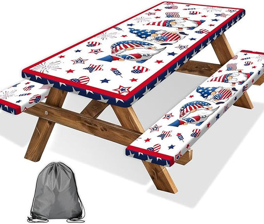 4th of July Picnic Table Cover with Bench Covers, Camping Essentials, Patriotic American Flag Gnomes Stars Table Cover Waterproof Fitted Tablecloth Cover with Elastic Edge for Outdoor 3 PCS 30x60 Inch