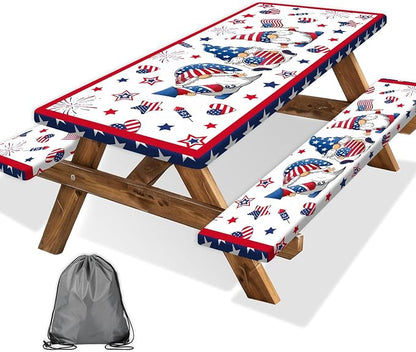 4th of July Picnic Table Cover with Bench Covers, Camping Essentials, Patriotic American Flag Gnomes Stars Table Cover Waterproof Fitted Tablecloth Cover with Elastic Edge for Outdoor 3 PCS 30x96 Inch