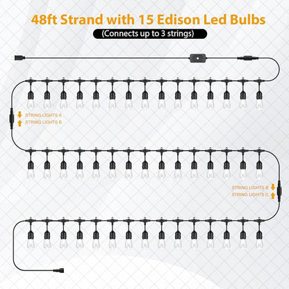 Mlambert 144Ft(3x48ft) 3-Color in 1 48Ft Remote LED Dimmable Outdoor String Lights, Plug-in 2700K/4000K/5000K Waterproof Light for Patio Backyard