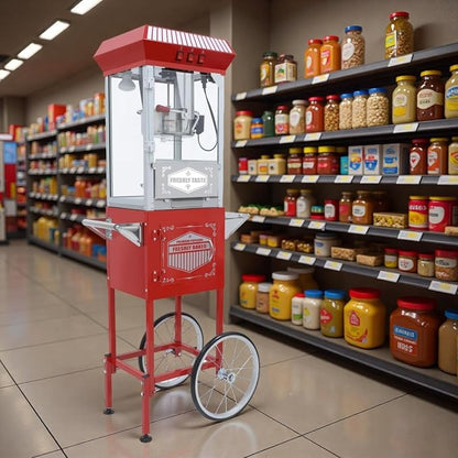 12 Oz Nostalgia Professional Popcorn Cart Makes Up to 64 Cups, Popper Maker with Warming Deck and Old Maids Drawer, Movie Night Supplies for Home & Parties, Red