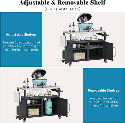 54.5" Outdoor Kitchen Island with Stainless Steel Tabletop, Metal Grill Cart Table with Storage Cabinet, Spice Rack and Towel Rack, Outdoor Bar Cart with 4 Lockable Wheels for Outside BBQ (Black@79)