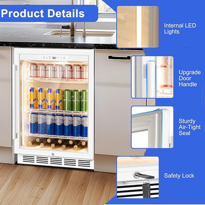 FoMup 24" Undercounter Beverage Refrigerator with Glass Door, 200-Can | Reversible door for flexible installation, Digital temperature control, safety lock, White finish, LED light