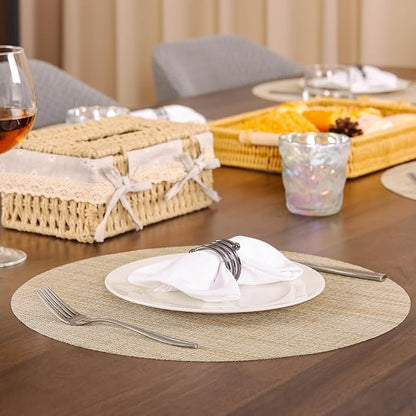 Round Placemats Set of 6 Heat Resistant Vinyl Placemats 15 inch Washable Non-Slip Table Mats Woven Place Mats for Dining Table (Beige, Set of 6)