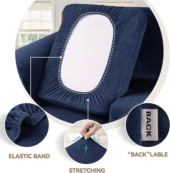 WEERRW Velvet Stretch 3 Pieces Couch Cover for Sofa Washable, Navy Blue | Love Seat Couch Covers for 2 Cushion Couch Sofa Furniture Protector slipcoves with Elastic Bottom for Kids, Medium