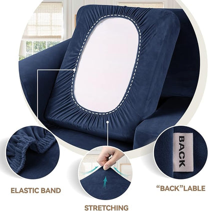 WEERRW Velvet Stretch 3 Pieces Couch Cover for Sofa Washable, Navy Blue | Love Seat Couch Covers for 2 Cushion Couch Sofa Furniture Protector slipcoves with Elastic Bottom for Kids, Medium