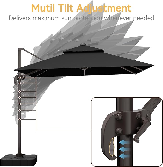 10x10 FT Patio Umbrella with Base, Large Cantilever Double Top Heavy Duty Offset Umbrellas with 360° Rotation, Outdoor shade for Garden Deck Pool, Black