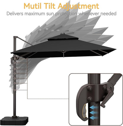 10x10 FT Patio Umbrella with Base, Large Cantilever Double Top Heavy Duty Offset Umbrellas with 360° Rotation, Outdoor shade for Garden Deck Pool, Black