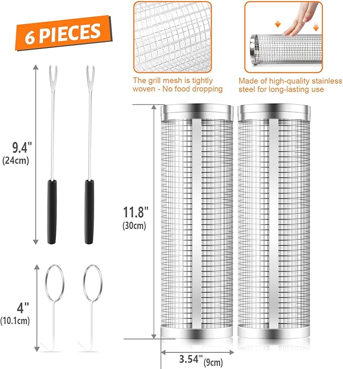 KAYCROWN Rolling Grill Baskets for Outdoor Grilling 2 Pack, BBQ Grill Baskets Stainless Steel Grill Mesh 12 Inches, Grill BBQ Net Tube Stainless Steel Barbecue Grill Accessories, (2 Large)