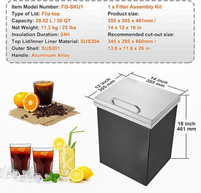 VEVOR Drop in Ice Chest, 14" L x 12" W x 18" H Stainless Steel Ice Cooler, Commercial Ice Bin with Hinged Cover, 40 qt Outdoor Kitchen Ice Bar, Drain-Pipe and Drain Plug Included, for Cold Wine Beer