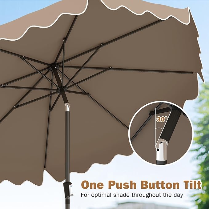 Tangkula 9 FT Patio Umbrella with Base Included, 2-Tiers Outdoor Scalloped Table Umbrella with 2 Sandbags, Tilt Adjustment, Crank, 8 Ribs for Market Backyard Pool Deck Beach Lawn