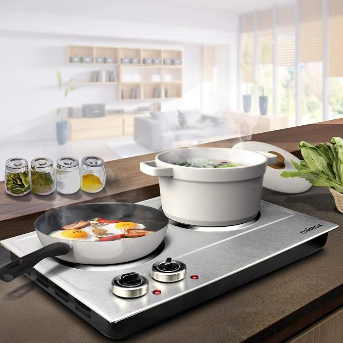 CUSIMAX 1800W Ceramic Electric Hot Plate for Cooking, Double Burner, Silver | Dual Control Infrared Cooktop, Portable Countertop Burner, Glass Plate Electric Cooktop, Stainless Steel