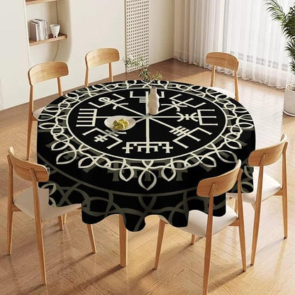 Vintage Viking Pattern Round Tablecloth, Viking Ancient Runic Scandinavian Celtic Seasonal Table Cloth Waterproof Wipeable Table Cover for Picnic Holiday Party Kitchen Dining 70"