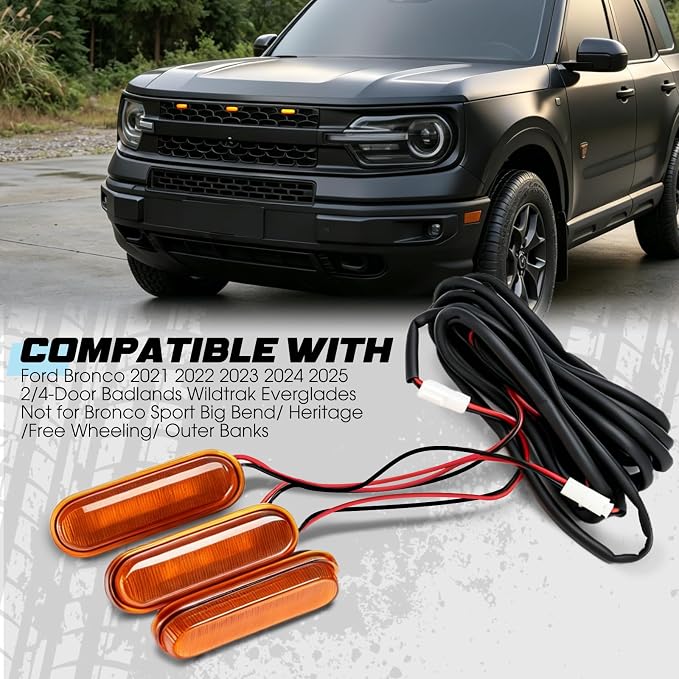 Front LED Grill Lights Compatible with Ford Bronco Accessories 2021 2022 2023 2024 2025 2/4-Door Badlands Wildtrak Everglades, Amber Light, 3PCS