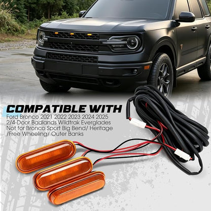 Front LED Grill Lights Compatible with Ford Bronco Accessories 2021 2022 2023 2024 2025 2/4-Door Badlands Wildtrak Everglades, Amber Light, 3PCS