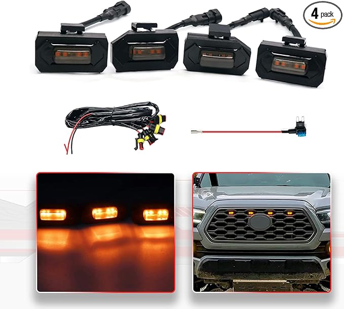 4Pcs Amber LED Grill Lights Kit for 2020-2022 Toyota Tacoma | for TRD Off-Road & Sport OEM Grille,Black Shell, w/ Wiring Harness,Not for 2020-2021 OEM SR/SR5/Limited/TRD Pro Grilles