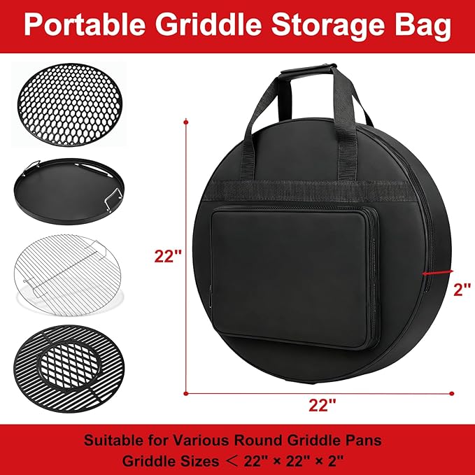 DELSbbq 22" Round Griddle Storage Bag, Heavy-Duty Griddle Cover for Weber 3400382 7435 7436 8835, Waterproof 600D Fabric Carrying Case with Padded Handles Extra Pocket for Outdoor Camping & Travel