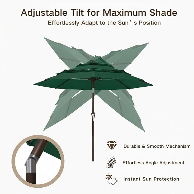 Kingdura 9ft 3-Tier Patio Umbrella, Outdoor Table Umbrella with Easy Crank & Tilt, 8 Reinforced Ribs, UV Protection for Deck, Pool, Market, Backyard (Dark green)