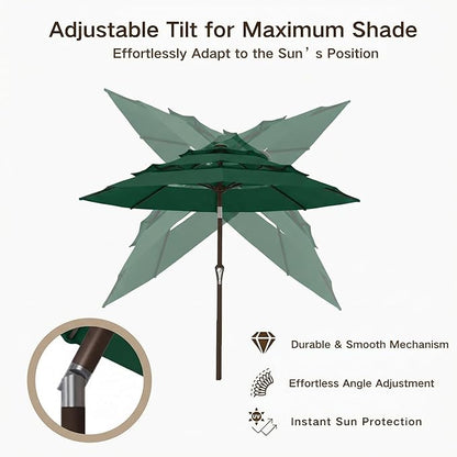 Kingdura 9ft 3-Tier Patio Umbrella, Outdoor Table Umbrella with Easy Crank & Tilt, 8 Reinforced Ribs, UV Protection for Deck, Pool, Market, Backyard (Dark green)