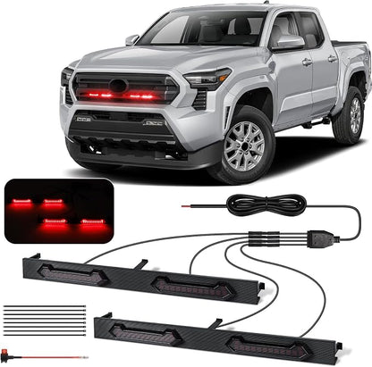 LED Grill Lights - 4PCS Front Grill Lights for Toyota Tacoma SR SR5 2024 2025 2026 with Fuse Adapter & Harness (Red Light with Smoked Shell)