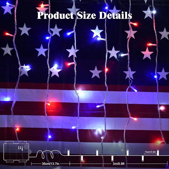 cshare Red White and Blue Lights Battery Operated, 4th of July Lights with Timer Outdoor Waterproof 9.8ft 30 LED for 4th of July Independence Day Decorations Garland Party Garden 2 Packs