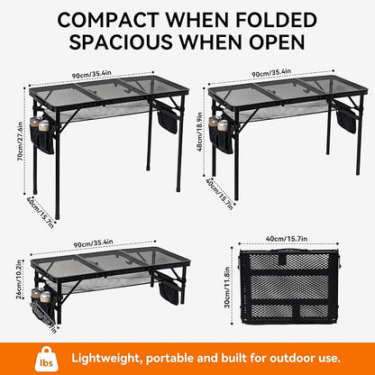 3Ft Foldable Grill Table for Camping, Portable Metal Mesh BBQTable with Dual Side Storage Bags, Lightweight Folding Outdoor Cooking Table for Picnic, RV Travel, Beach & Backyard BBQ