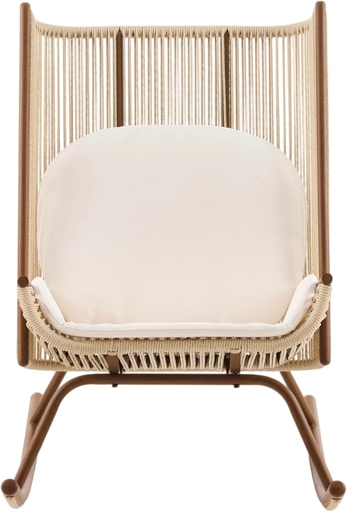 Christopher Knight Home Lumin Outdoor Rocking Chair, High Back PE Rattan Wicker Rocker with Metal Frame, Rocking Chair with Cushion, Comfort Rocker with Ergonomic Design for Patio or Lounge, Beige