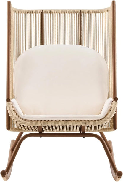 Christopher Knight Home Lumin Outdoor Rocking Chair, High Back PE Rattan Wicker Rocker with Metal Frame, Rocking Chair with Cushion, Comfort Rocker with Ergonomic Design for Patio or Lounge, Beige