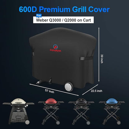 Comnova Grill Cover for Weber Q Grill on Cart - 7112 BBQ Cover for Weber Q3000/Q300/Q2000/Q200 with Portable Stand, 600D Heavy Duty & Waterproof BBQ Cover for Weber Q3200, 3000, 320, 300 and More