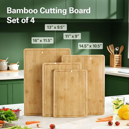 Zarler Bamboo Cutting Boards for Kitchen, 4 Piece Durable Wood Cutting Board with Juice Grooves and Handles, Wooden Chopping Board Set for Meal Prep, XL Size, Ideal Kitchen Gift