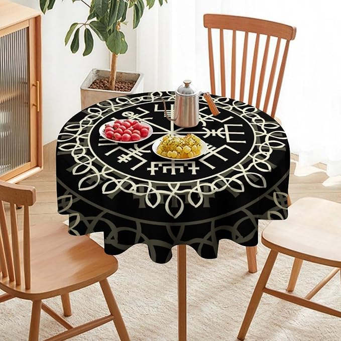 Vintage Viking Pattern Round Tablecloth, Viking Ancient Runic Scandinavian Celtic Seasonal Table Cloth Waterproof Wipeable Table Cover for Picnic Holiday Party Kitchen Dining 36"